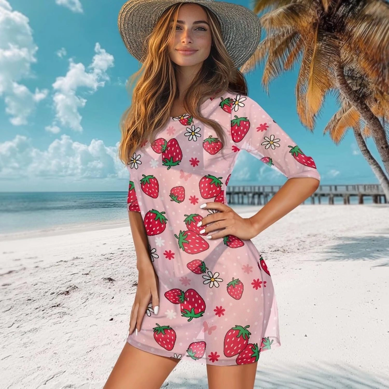 Sexy Sheer Swimsuit Coverup for Women Mesh Beach Cover Up Dress Short Sleeve Bathing Suit Cover Up XS-2XL