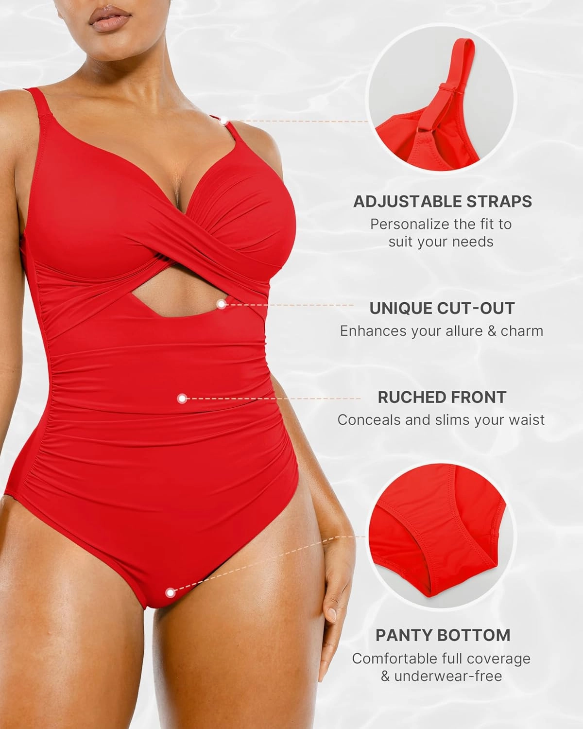 SHAPELLX Tummy Control Swimsuits Women V Neck One Piece Bathing Suit Ruched Push Up Slimming Swimwear Built-in Bra