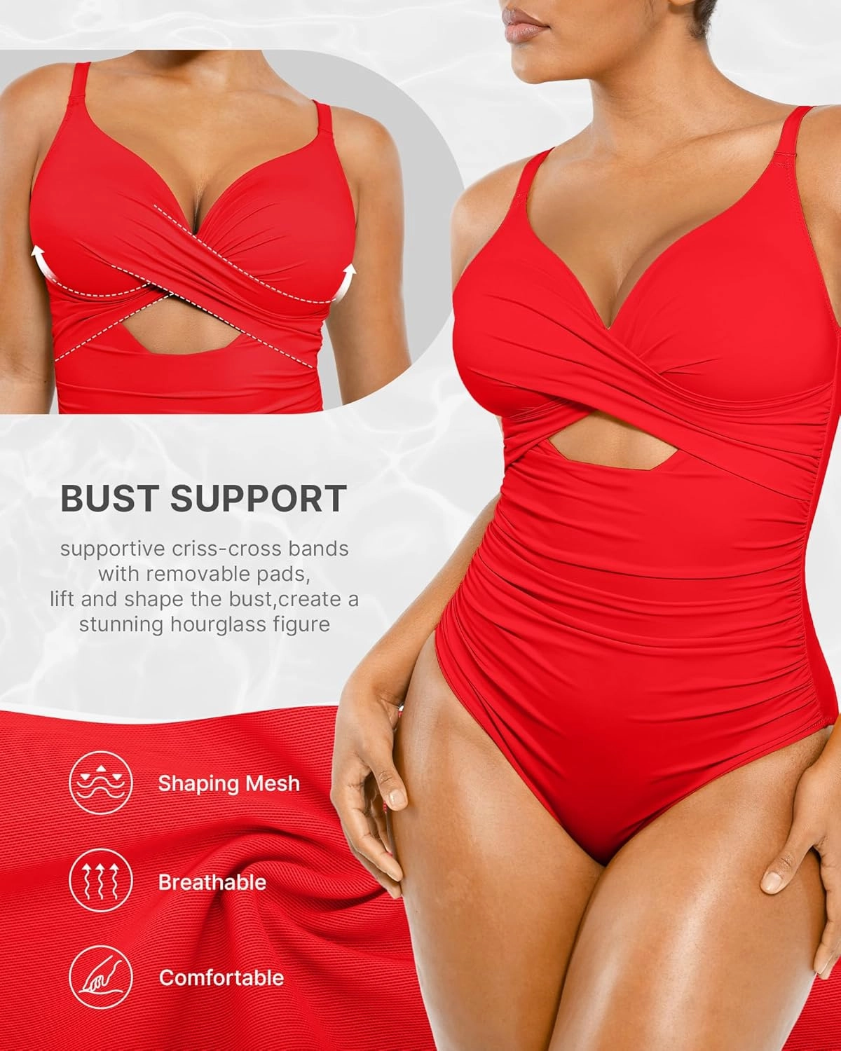 SHAPELLX Tummy Control Swimsuits Women V Neck One Piece Bathing Suit Ruched Push Up Slimming Swimwear Built-in Bra