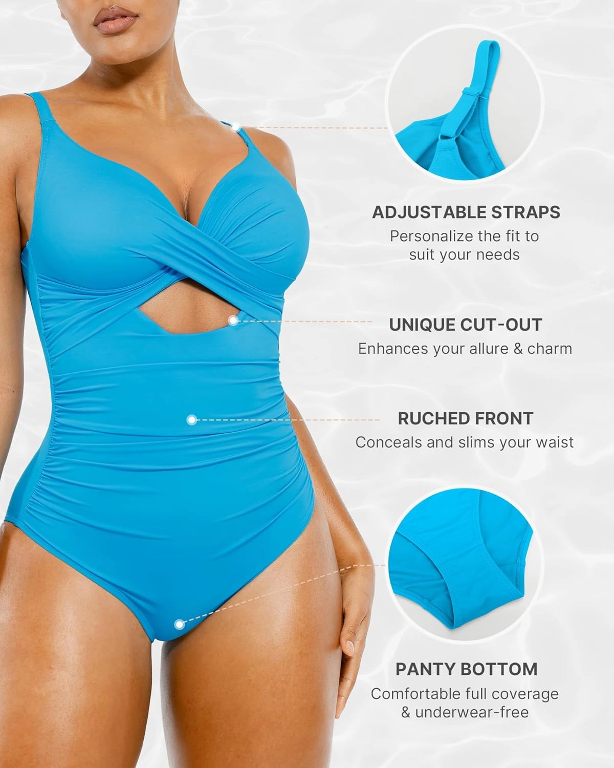 SHAPELLX Tummy Control Swimsuits Women V Neck One Piece Bathing Suit Ruched Push Up Slimming Swimwear Built-in Bra