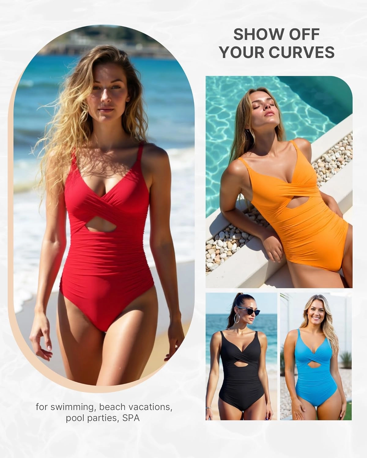 SHAPELLX Tummy Control Swimsuits Women V Neck One Piece Bathing Suit Ruched Push Up Slimming Swimwear Built-in Bra