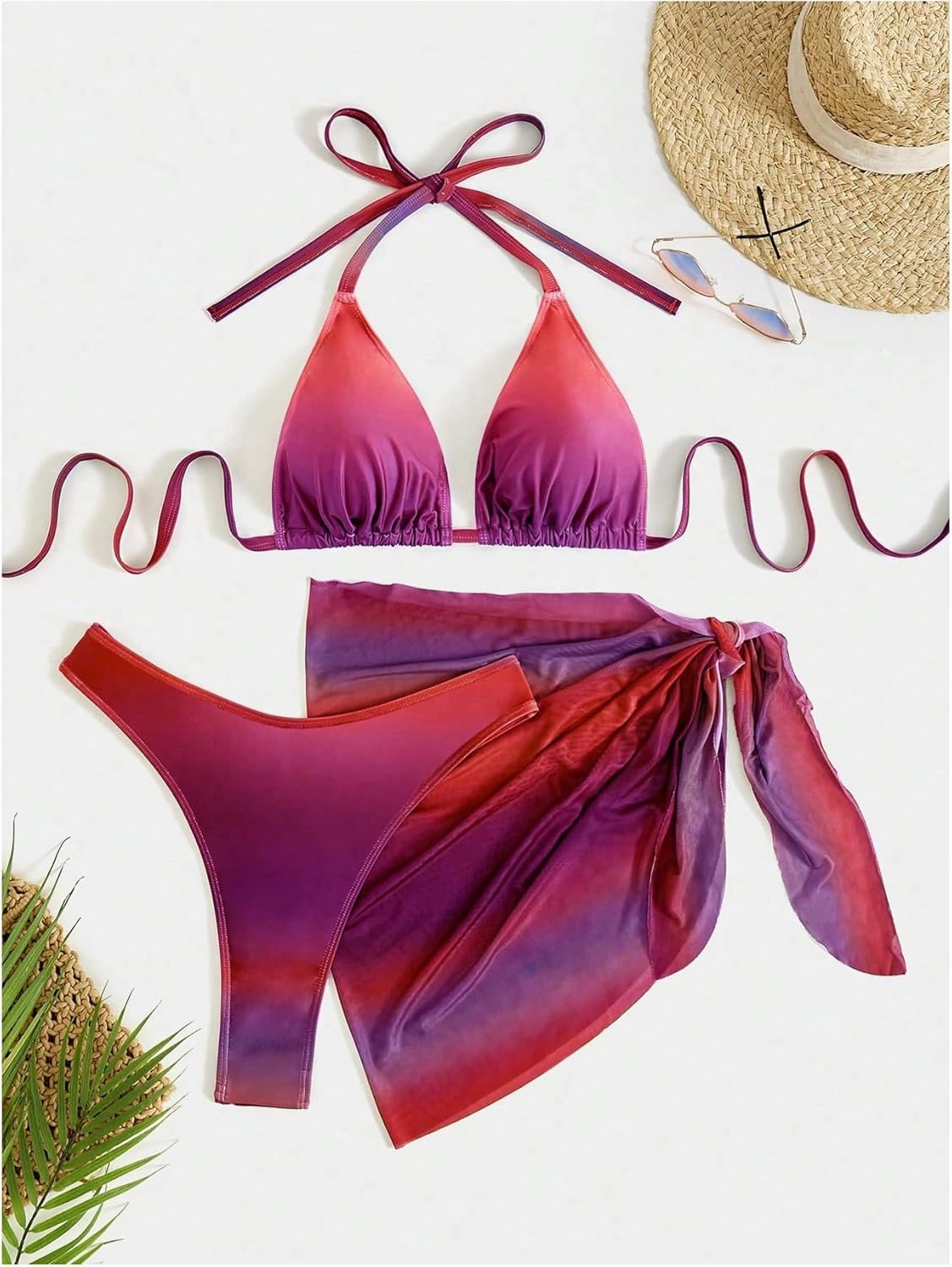 SHENHE Women's Plus Size 3 Piece Swimsuits Triangle Halter High Cut Thong Bikini Set with Sarong