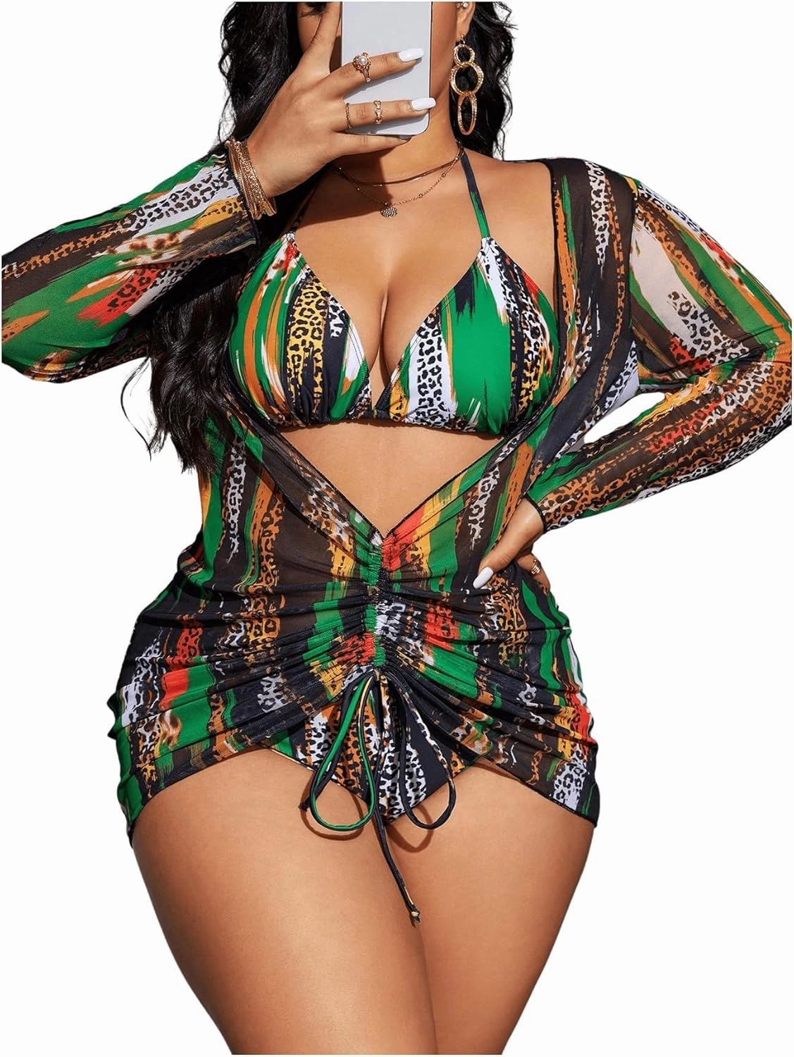 SHENHE Women's Plus Size Leopard Swimsuits 3 Pieces Halter Triangle Bikini Set with Cover Up