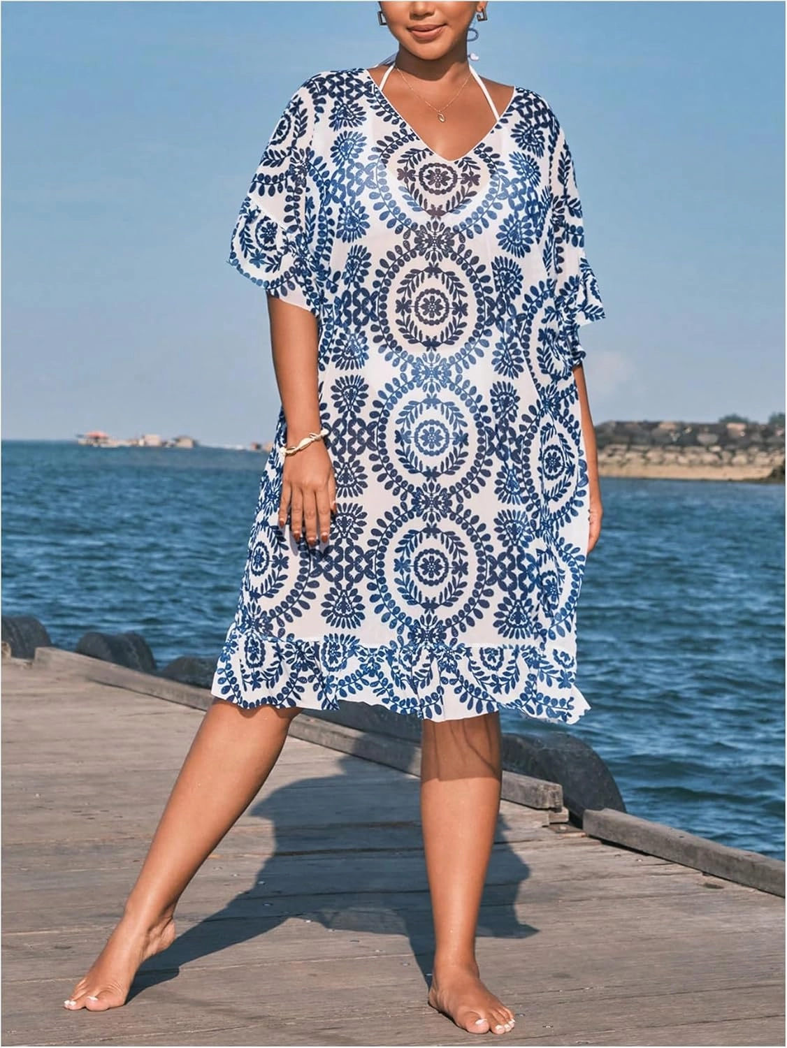 SHENHE Women's Plus Size Swimsuit Cover Up Tropical Print Ruffle Boho Beach Dress Coverups