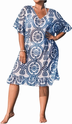 SHENHE Women's Plus Size Swimsuit Cover Up Tropical Print Ruffle Boho Beach Dress Coverups