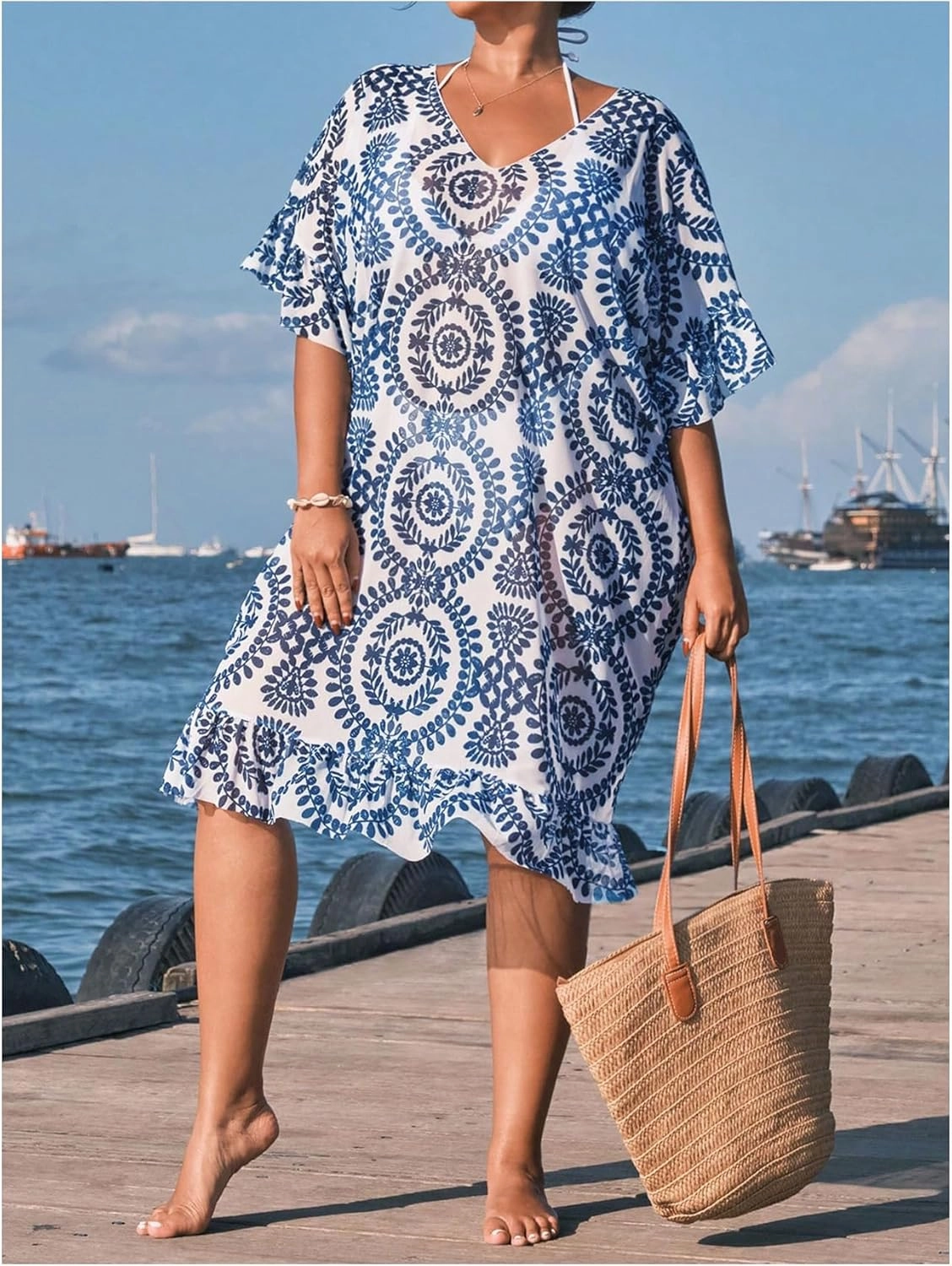SHENHE Women's Plus Size Swimsuit Cover Up Tropical Print Ruffle Boho Beach Dress Coverups