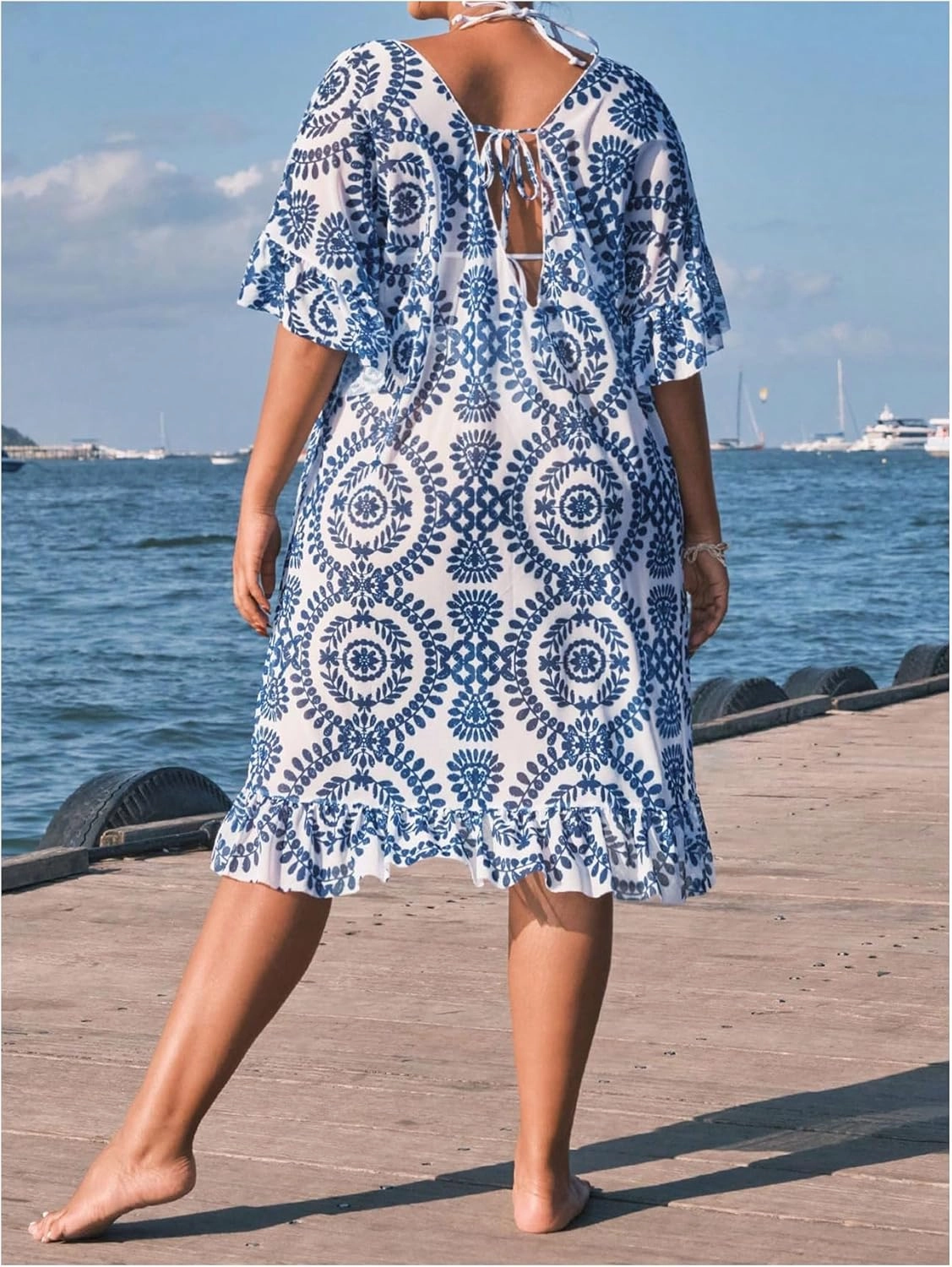SHENHE Women's Plus Size Swimsuit Cover Up Tropical Print Ruffle Boho Beach Dress Coverups