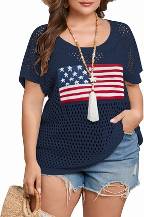shermie Women's Short Sleeve Scoop Neck Hollow Out Crochet Top Plus Size Swimsuit Cover Up