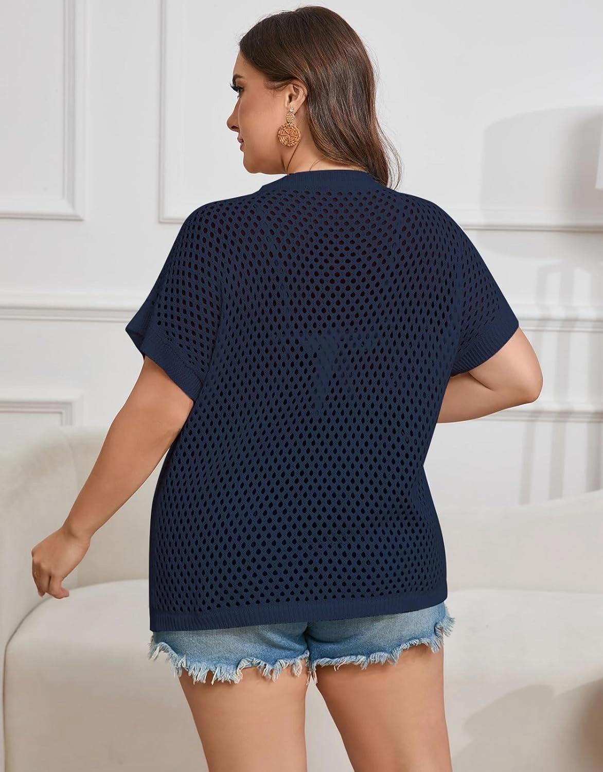 shermie Women's Short Sleeve Scoop Neck Hollow Out Crochet Top Plus Size Swimsuit Cover Up