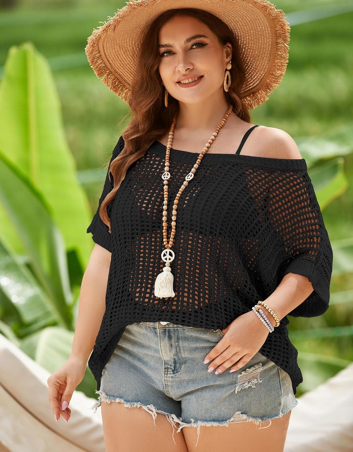 shermie Women's Short Sleeve Scoop Neck Hollow Out Crochet Top Plus Size Swimsuit Cover Up