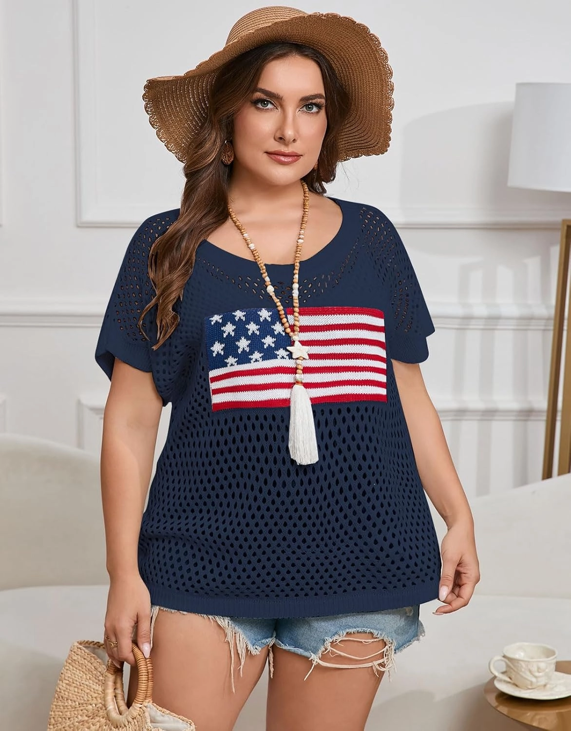 shermie Women's Short Sleeve Scoop Neck Hollow Out Crochet Top Plus Size Swimsuit Cover Up