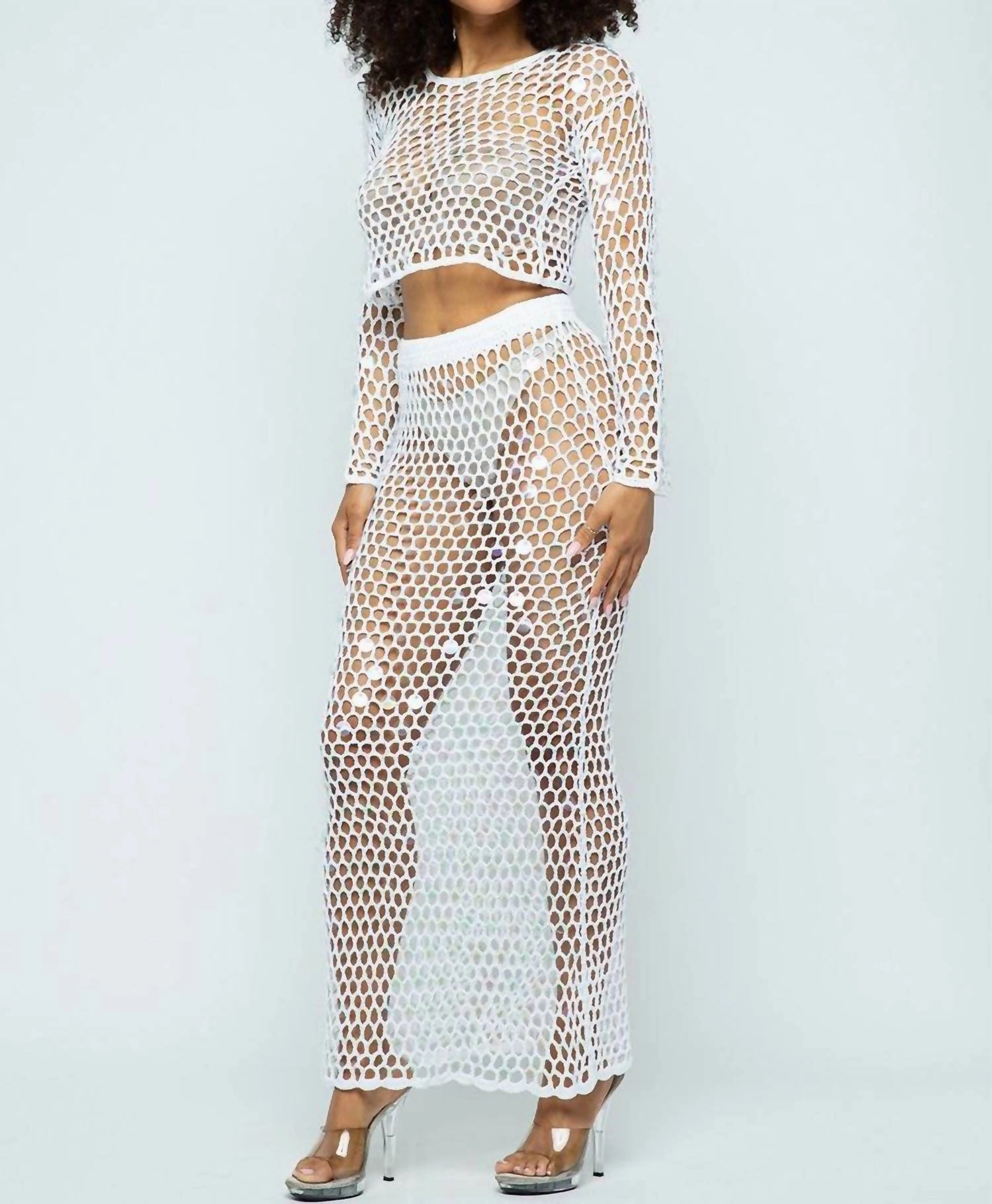 Shine Bright Fishnet Crochet Top And Skirt Set In White
