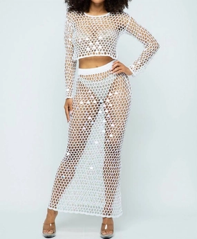 Shine Bright Fishnet Crochet Top And Skirt Set In White
