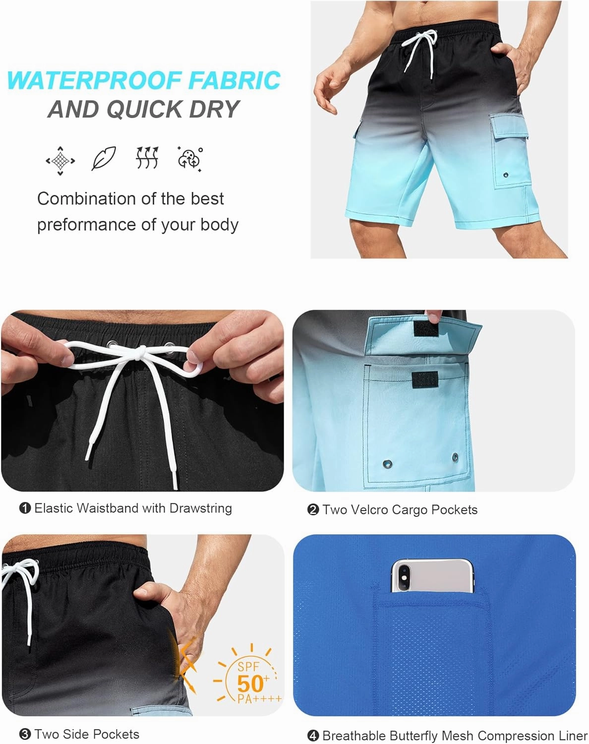 SILKWORLD Men's Swim Trunks with Compression Liner Quick Dry Bathing Suits 9 Inch Swimming Shorts with Cargo Pockets
