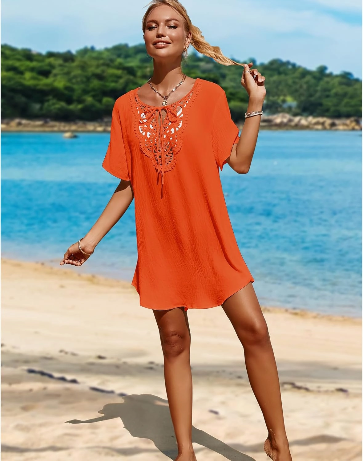 SimpleFun Womens Swimsuit Coverup Lace Crochet V Neck Bathing Suit Cover Up Dress Beach Cover Ups for Swimwear