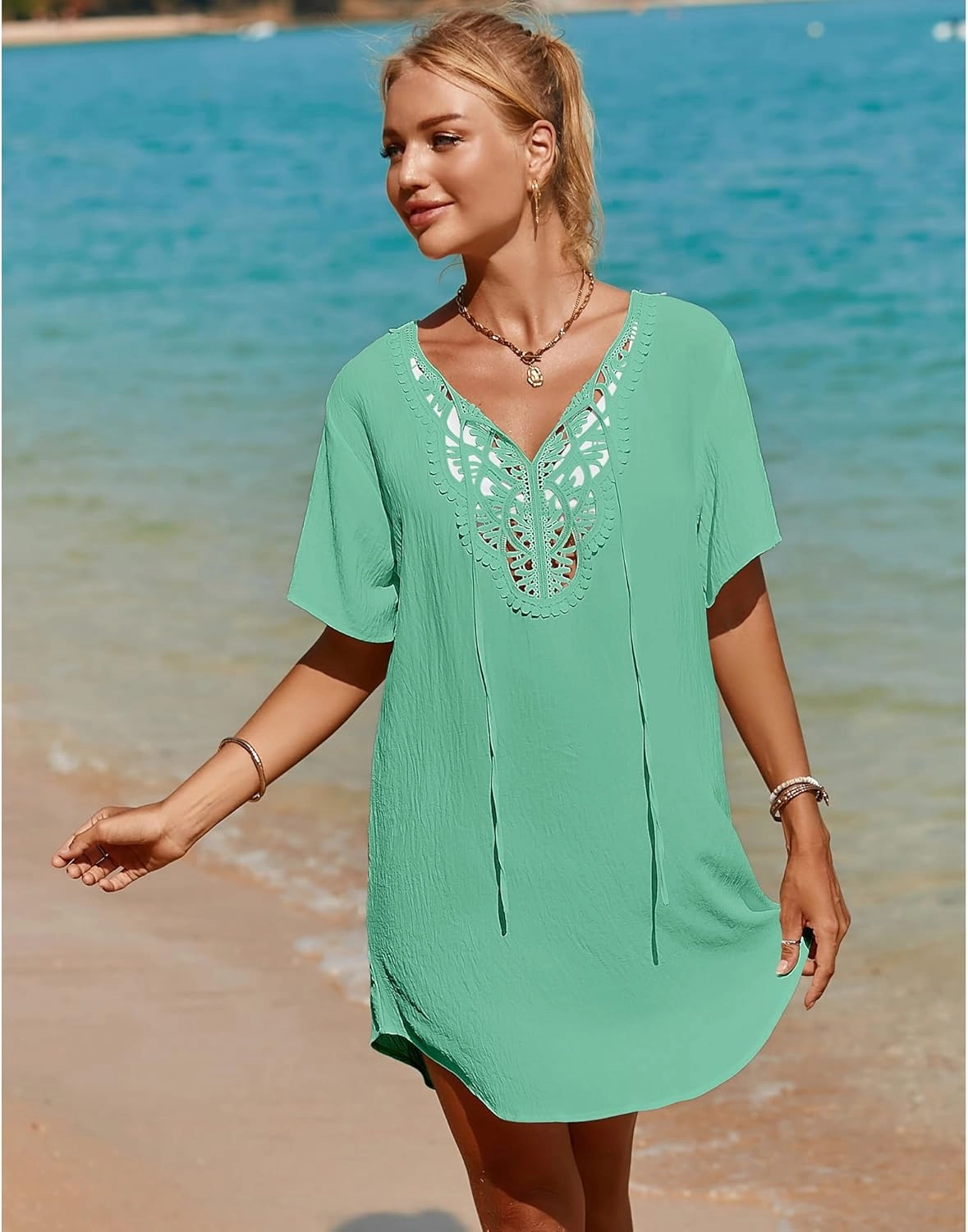 SimpleFun Womens Swimsuit Coverup Lace Crochet V Neck Bathing Suit Cover Up Dress Beach Cover Ups for Swimwear