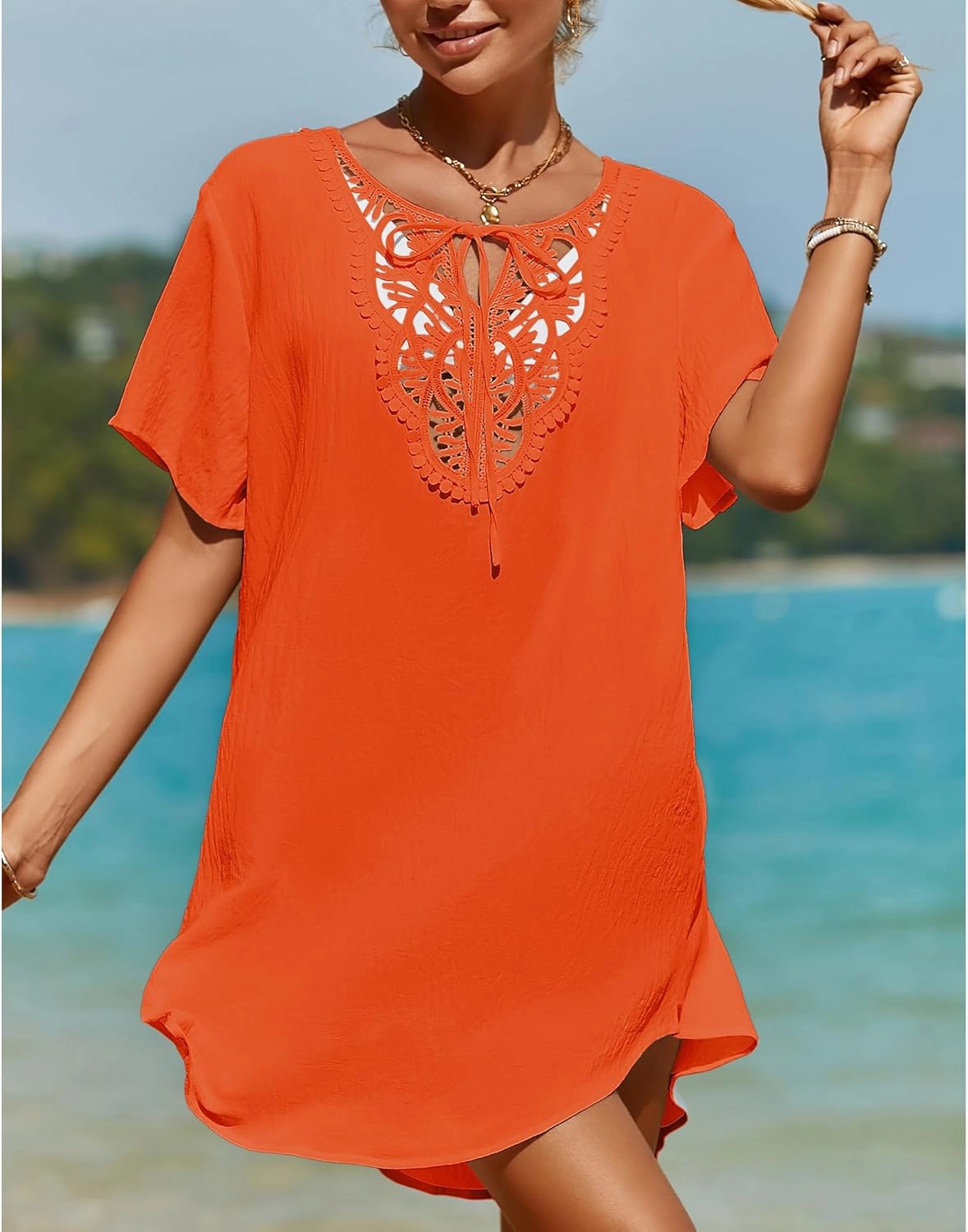 SimpleFun Womens Swimsuit Coverup Lace Crochet V Neck Bathing Suit Cover Up Dress Beach Cover Ups for Swimwear