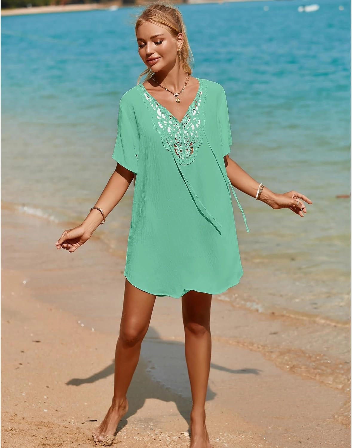 SimpleFun Womens Swimsuit Coverup Lace Crochet V Neck Bathing Suit Cover Up Dress Beach Cover Ups for Swimwear