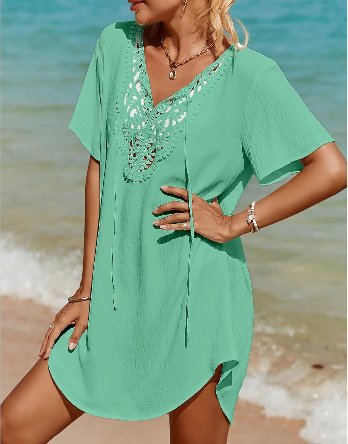 SimpleFun Womens Swimsuit Coverup Lace Crochet V Neck Bathing Suit Cover Up Dress Beach Cover Ups for Swimwear