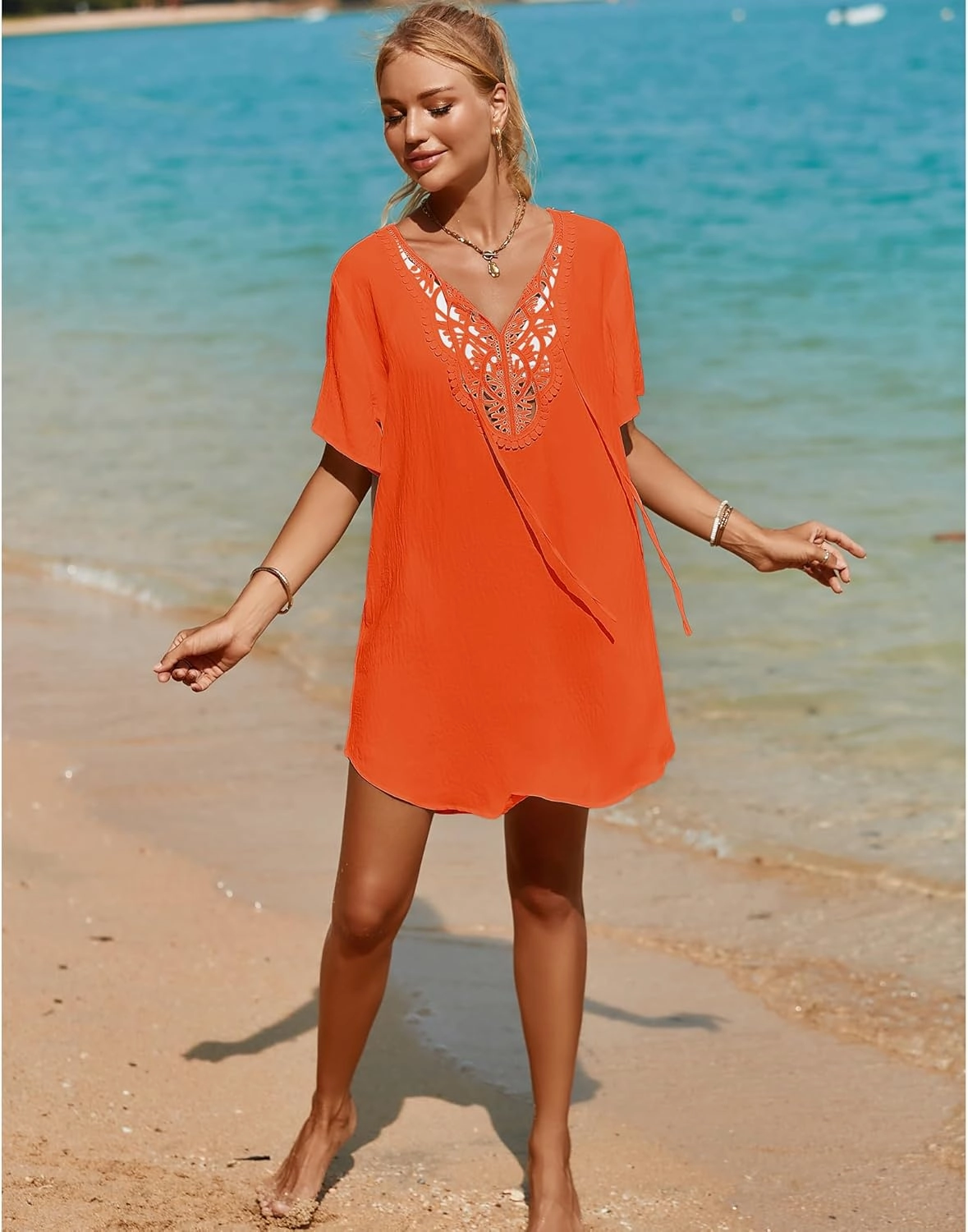 SimpleFun Womens Swimsuit Coverup Lace Crochet V Neck Bathing Suit Cover Up Dress Beach Cover Ups for Swimwear