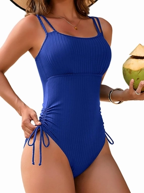 SOCIALA Ribbed One Piece Bathing Suit Women High Cut Swimsuit Tie Side Modest Monikini Swimwear