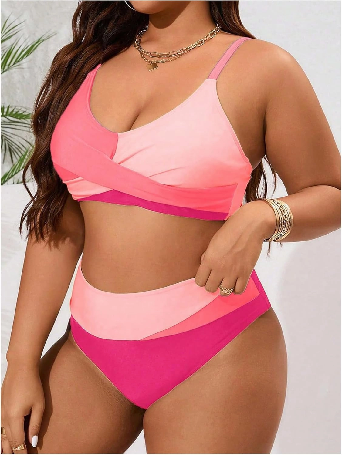 SOLY HUX Women's Plus Size Bathing Suit Color Block Criss Cross Wrap High Waisted Swimsuit Two Piece Bikini Sets