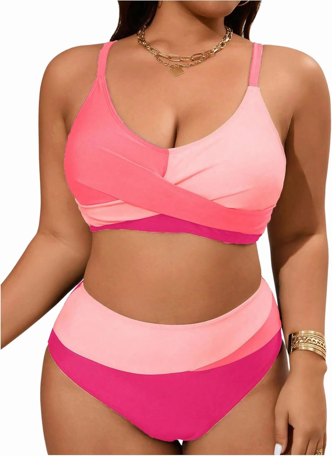SOLY HUX Women's Plus Size Bathing Suit Color Block Criss Cross Wrap High Waisted Swimsuit Two Piece Bikini Sets