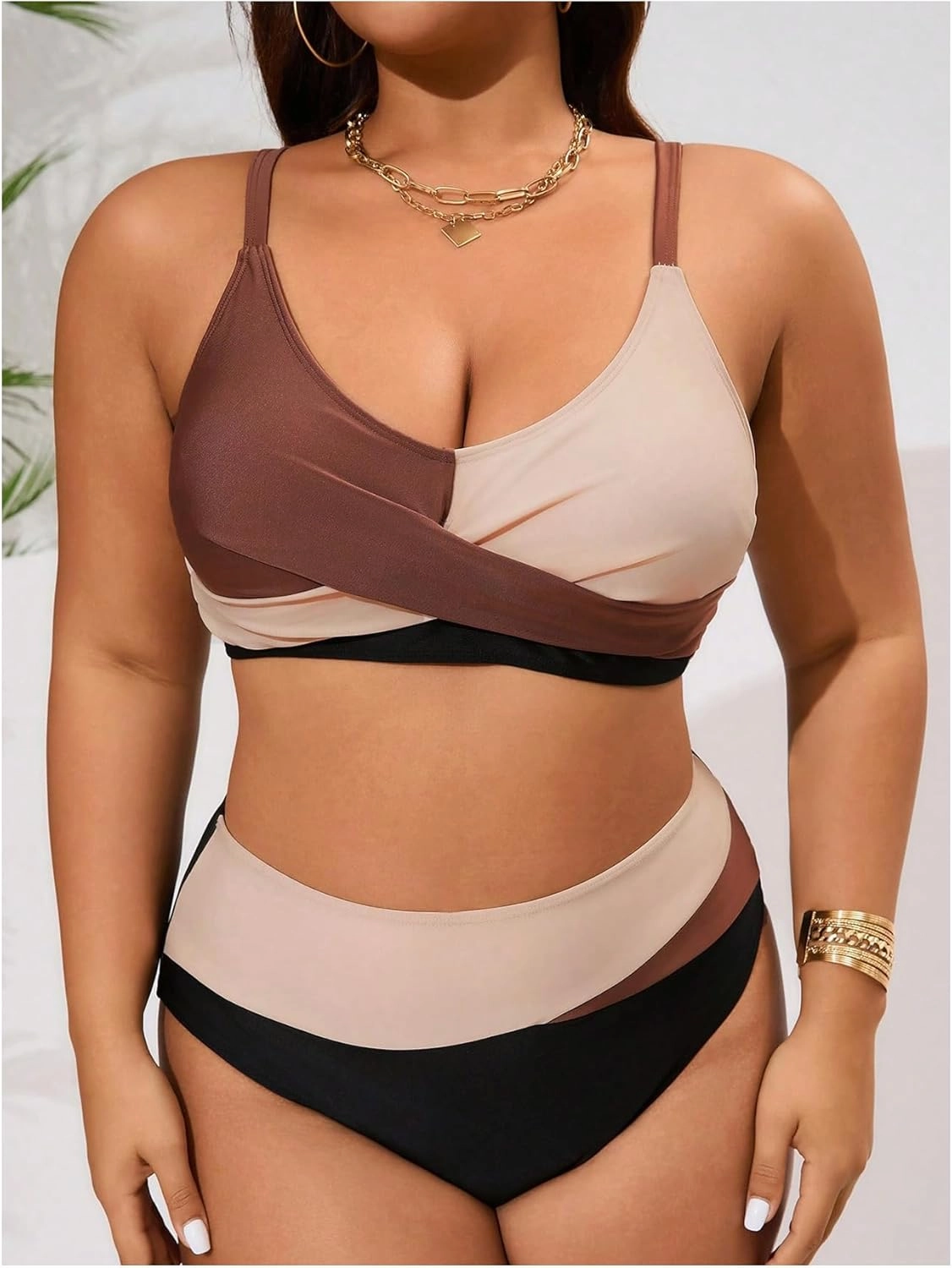 SOLY HUX Women's Plus Size Bathing Suit Color Block Criss Cross Wrap High Waisted Swimsuit Two Piece Bikini Sets