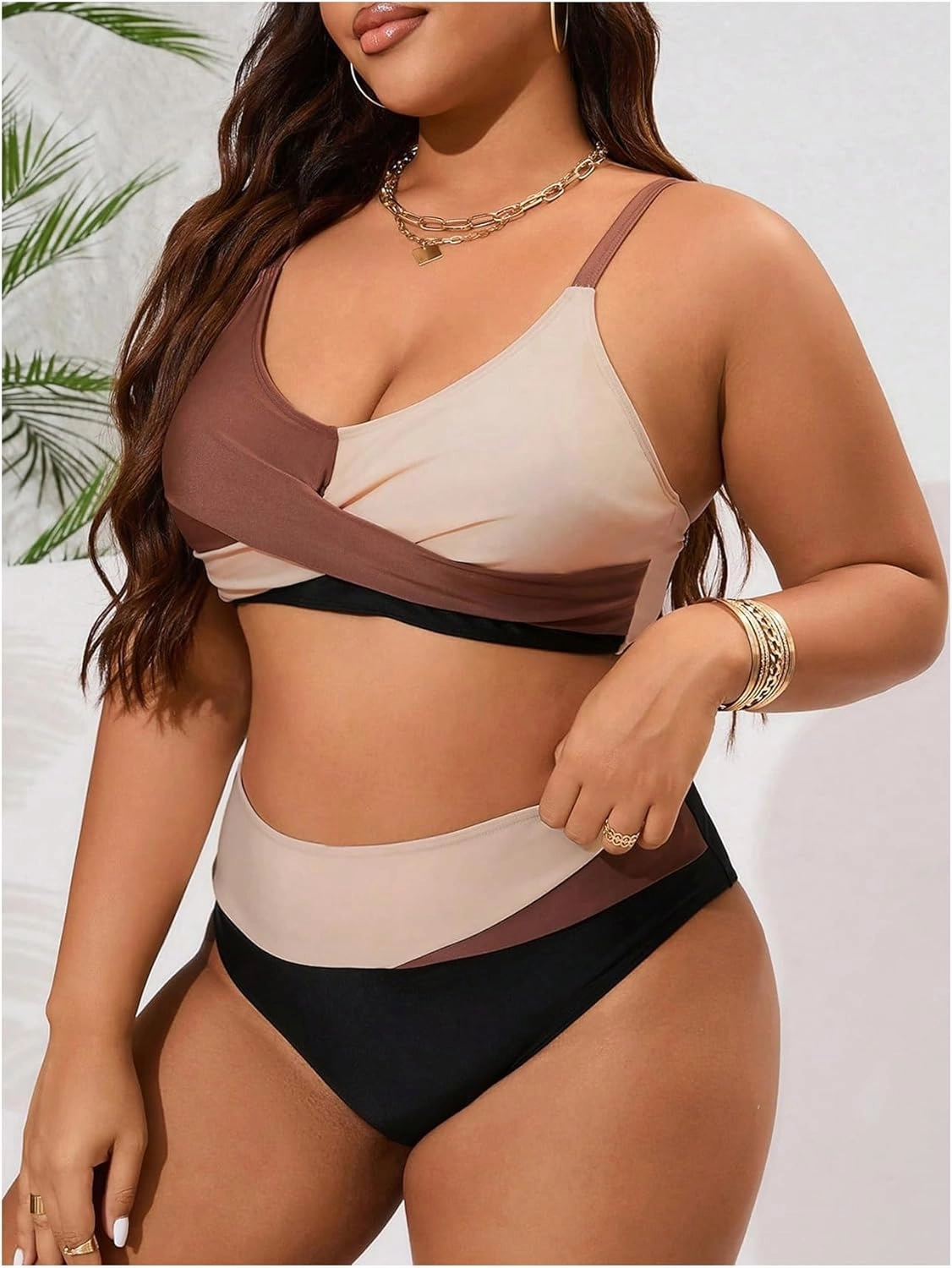 SOLY HUX Women's Plus Size Bathing Suit Color Block Criss Cross Wrap High Waisted Swimsuit Two Piece Bikini Sets