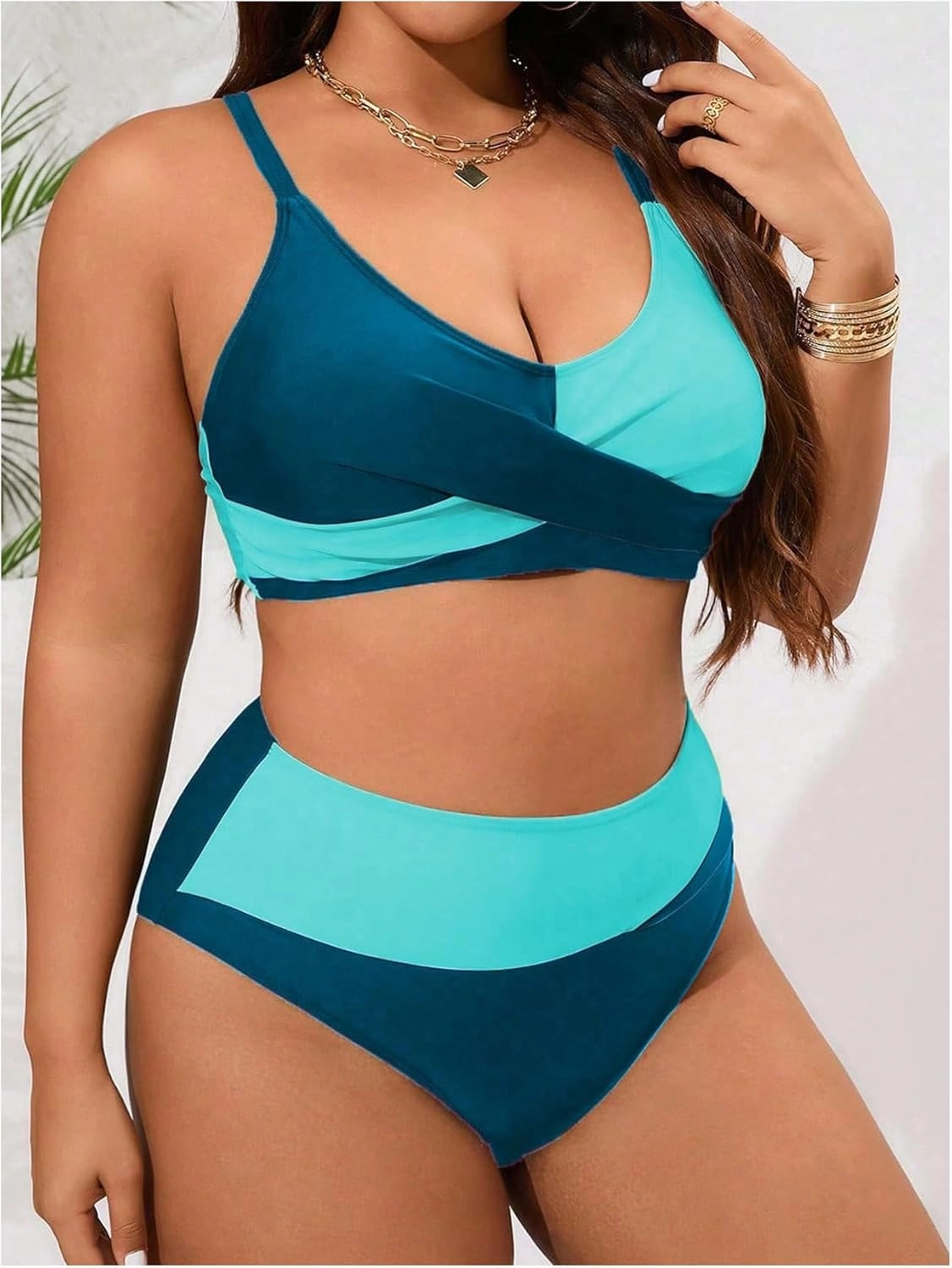 SOLY HUX Women's Plus Size Bathing Suit Color Block Criss Cross Wrap High Waisted Swimsuit Two Piece Bikini Sets