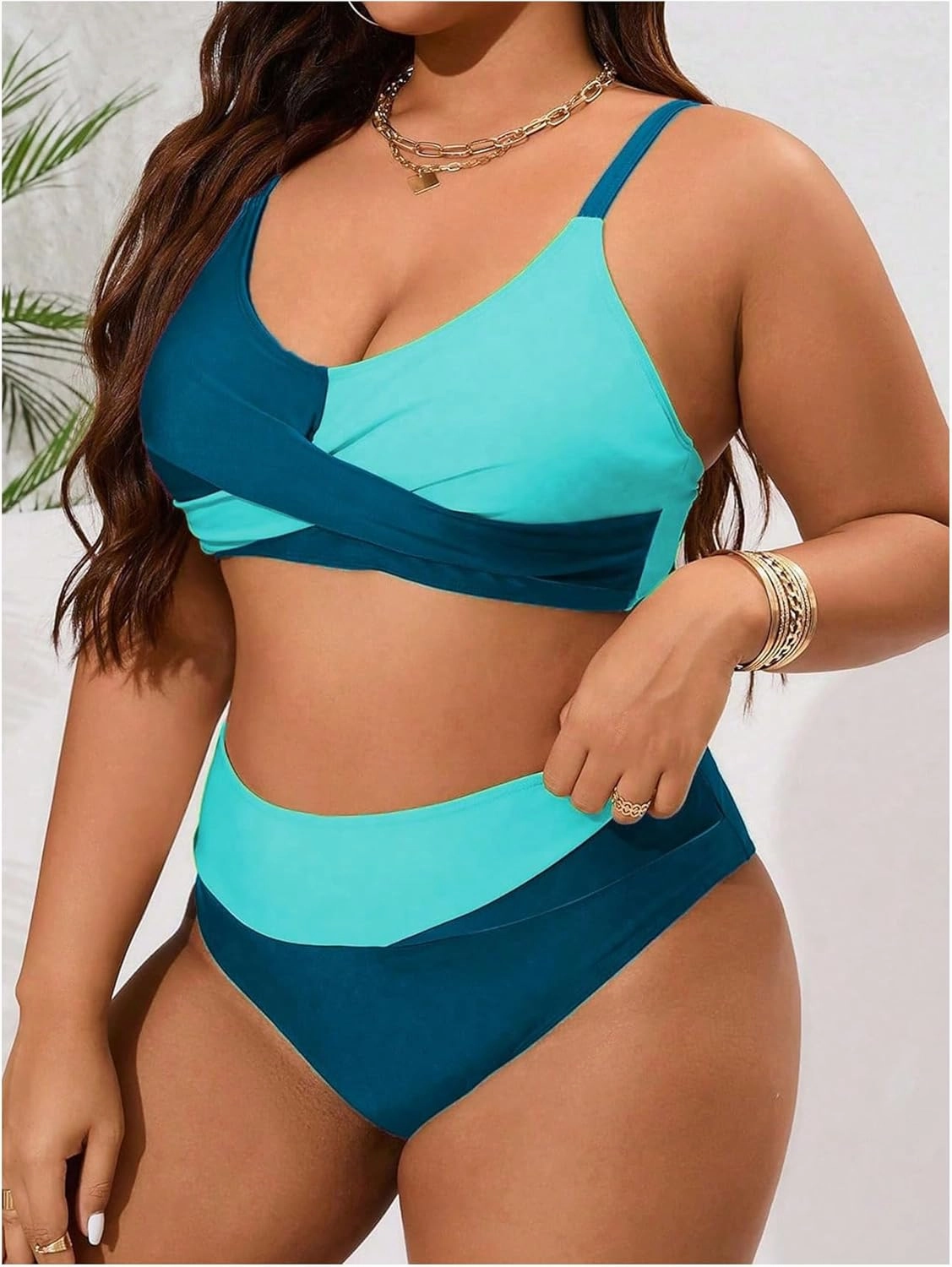 SOLY HUX Women's Plus Size Bathing Suit Color Block Criss Cross Wrap High Waisted Swimsuit Two Piece Bikini Sets