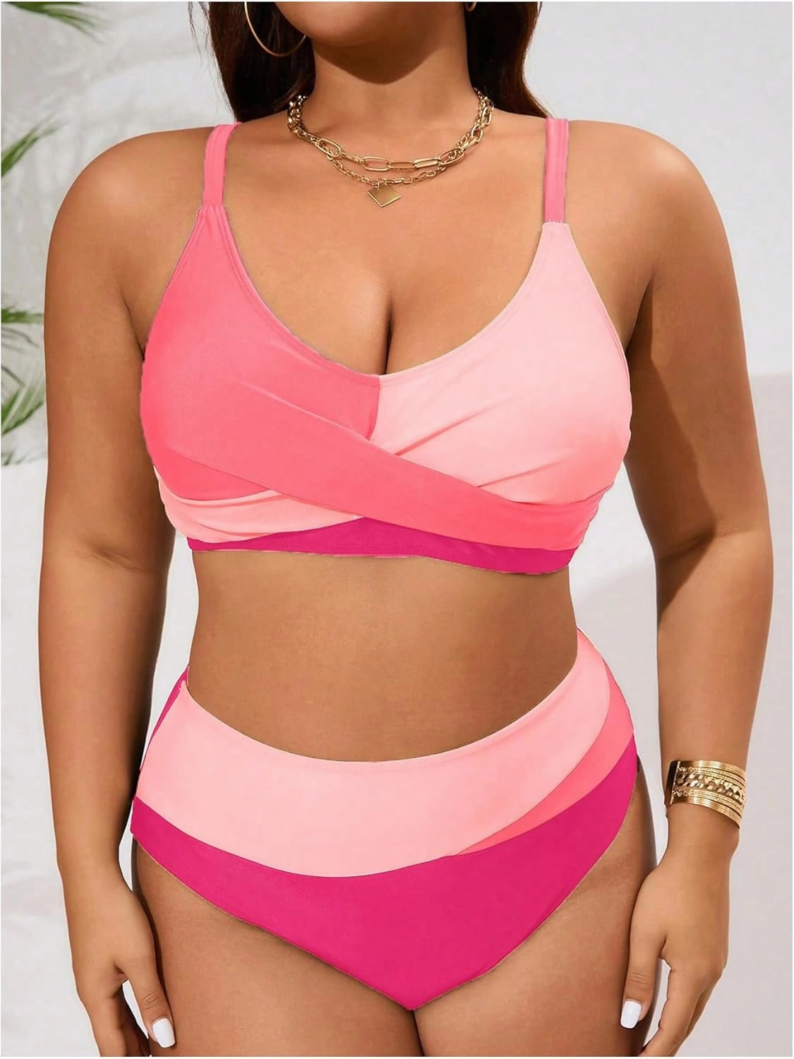 SOLY HUX Women's Plus Size Bathing Suit Color Block Criss Cross Wrap High Waisted Swimsuit Two Piece Bikini Sets