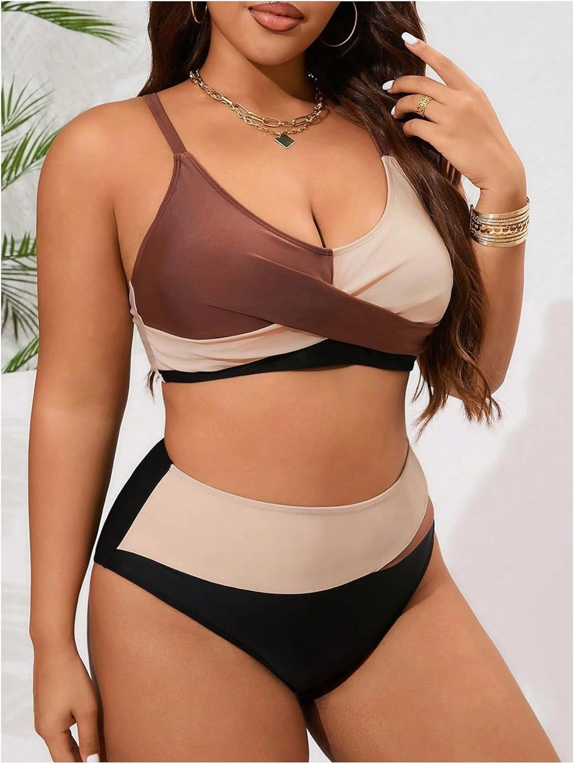 SOLY HUX Women's Plus Size Bathing Suit Color Block Criss Cross Wrap High Waisted Swimsuit Two Piece Bikini Sets