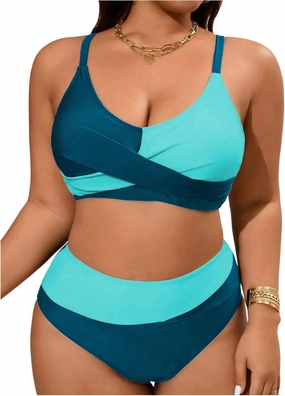 SOLY HUX Women's Plus Size Bathing Suit Color Block Criss Cross Wrap High Waisted Swimsuit Two Piece Bikini Sets