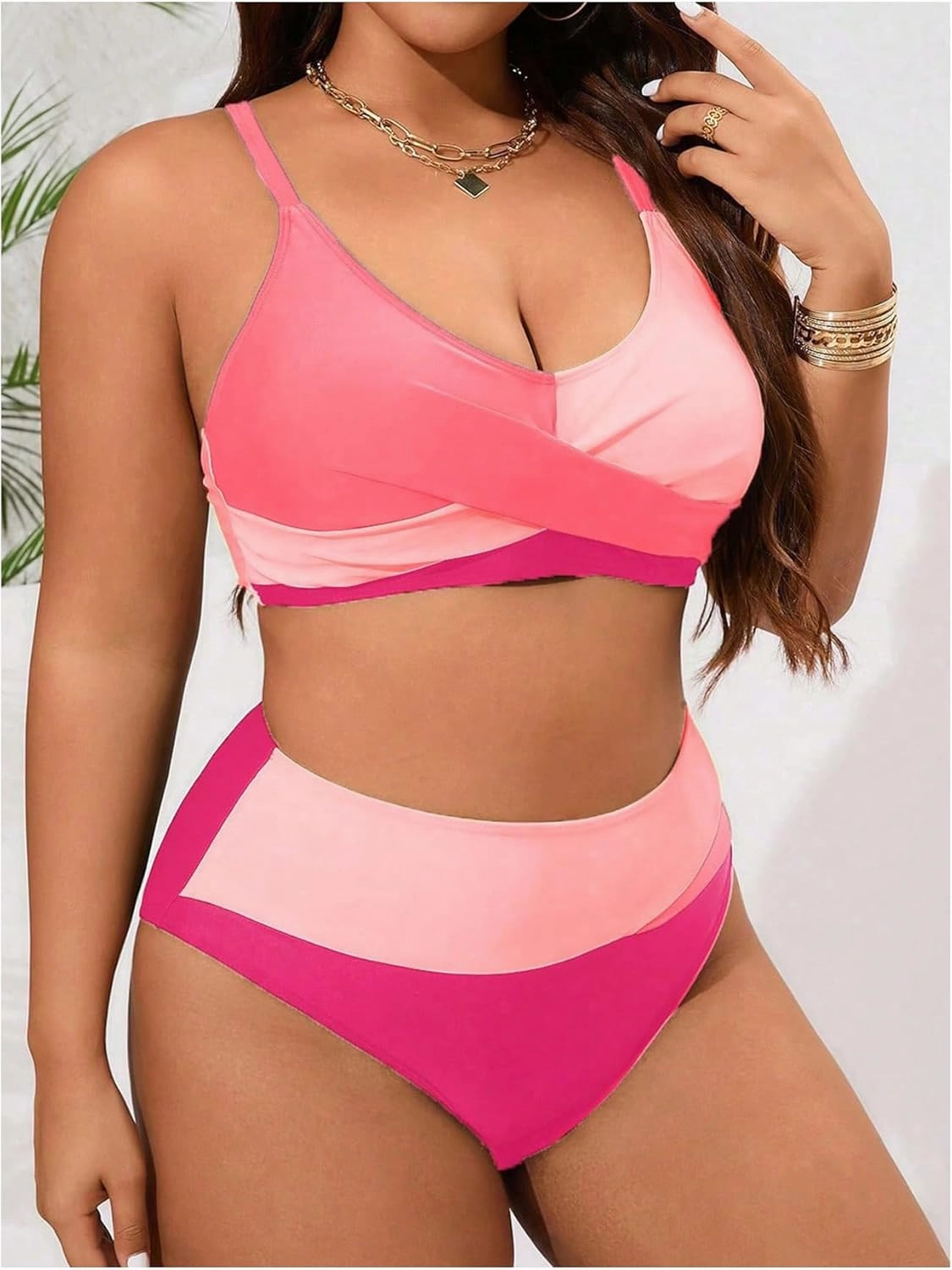 SOLY HUX Women's Plus Size Bathing Suit Color Block Criss Cross Wrap High Waisted Swimsuit Two Piece Bikini Sets