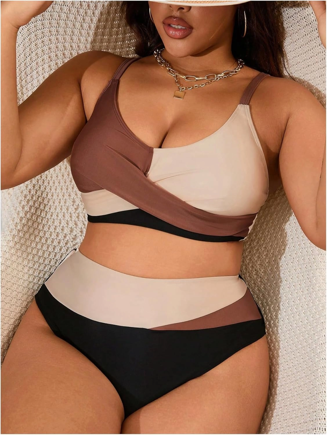SOLY HUX Women's Plus Size Bathing Suit Color Block Criss Cross Wrap High Waisted Swimsuit Two Piece Bikini Sets