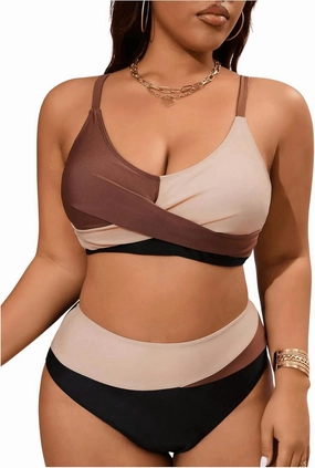 SOLY HUX Women's Plus Size Bathing Suit Color Block Criss Cross Wrap High Waisted Swimsuit Two Piece Bikini Sets