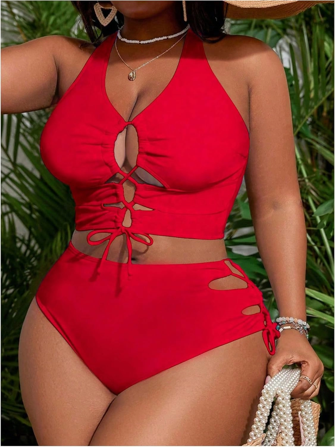 SOLY HUX Women's Plus Size Bikini Set Sexy Swimsuit Lace Up Tummy Control 2 Piece Bathing Suit