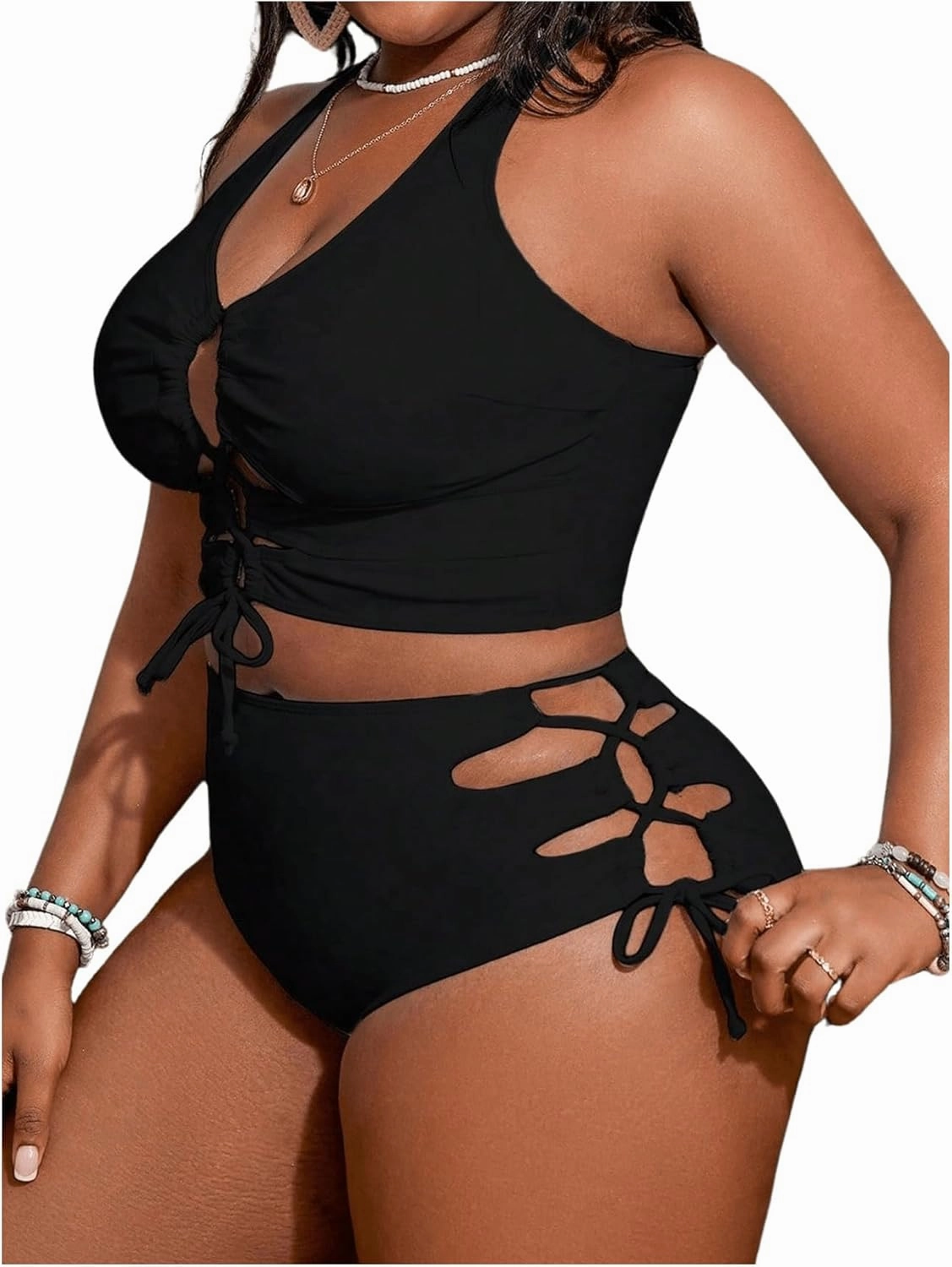 SOLY HUX Women's Plus Size Bikini Set Sexy Swimsuit Lace Up Tummy Control 2 Piece Bathing Suit