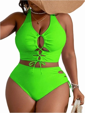 SOLY HUX Women's Plus Size Bikini Set Sexy Swimsuit Lace Up Tummy Control 2 Piece Bathing Suit