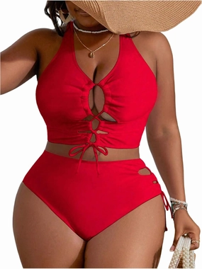 SOLY HUX Women's Plus Size Bikini Set Sexy Swimsuit Lace Up Tummy Control 2 Piece Bathing Suit