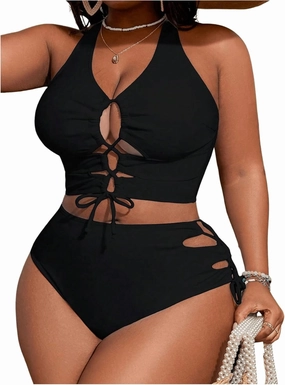 SOLY HUX Women's Plus Size Bikini Set Sexy Swimsuit Lace Up Tummy Control 2 Piece Bathing Suit
