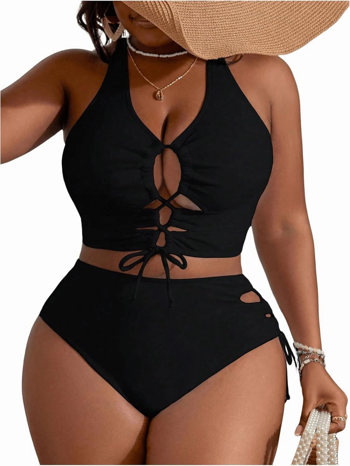 SOLY HUX Women's Plus Size Bikini Set Sexy Swimsuit Lace Up Tummy Control 2 Piece Bathing Suit