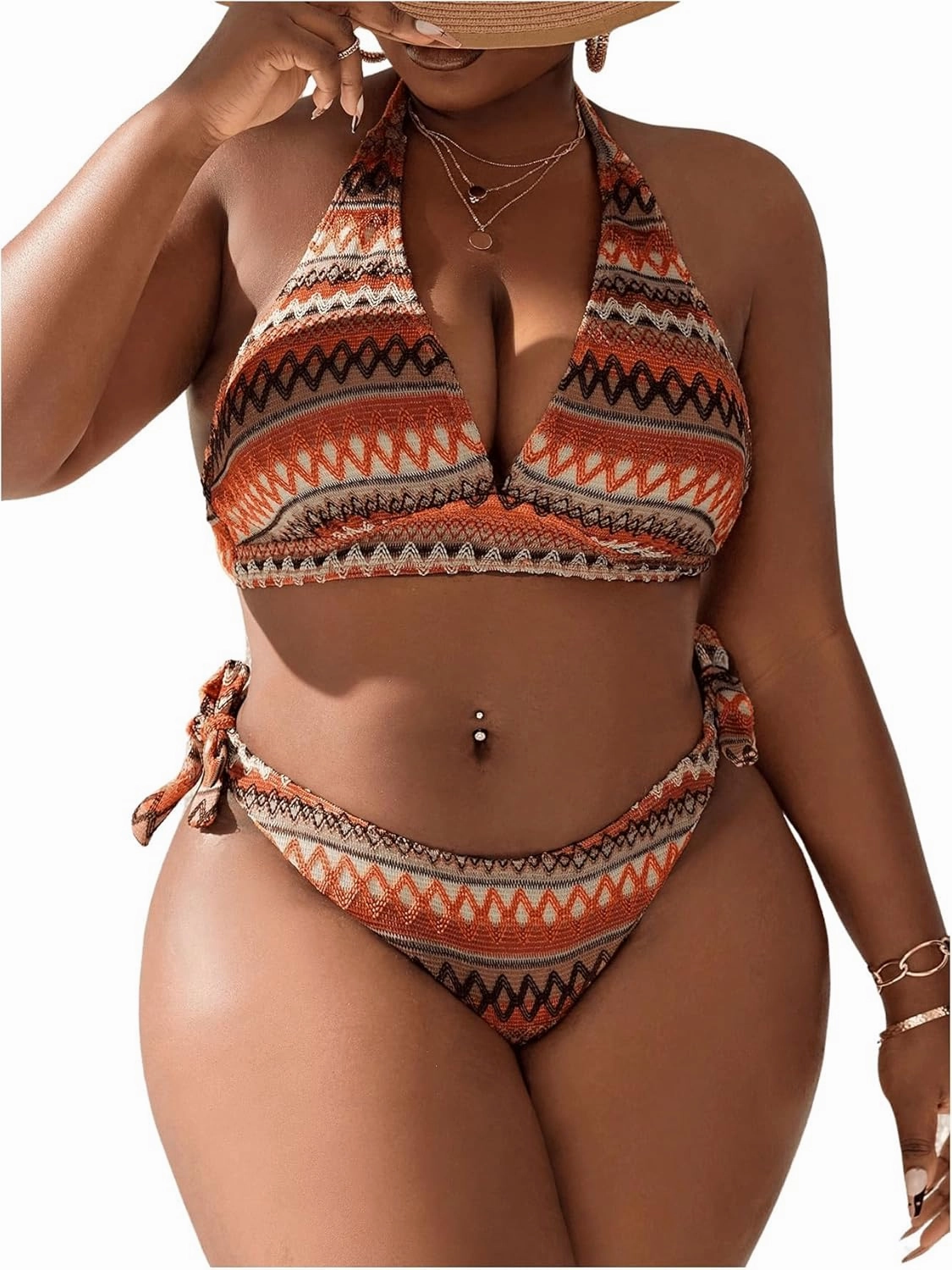 SOLY HUX Women's Plus Size Bikini Sets Halter Deep V Neck Piece 2 Bathing Suits Print Sexy Swimsuits