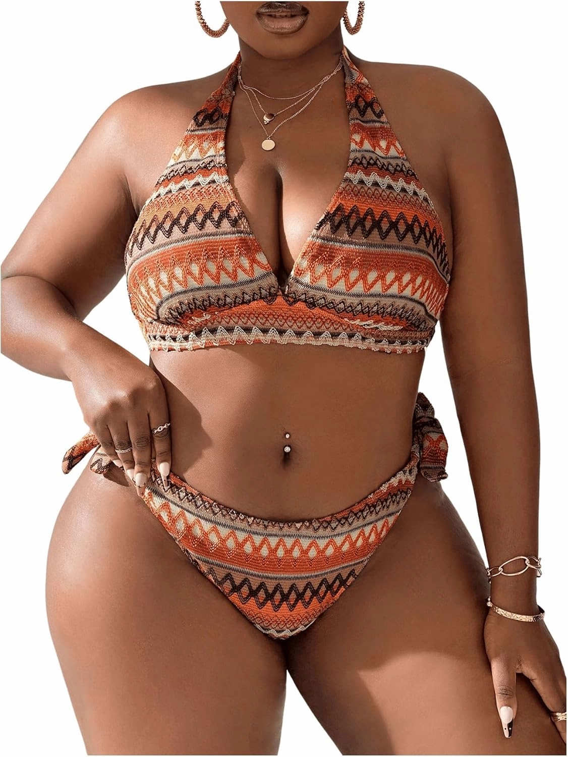 SOLY HUX Women's Plus Size Bikini Sets Halter Deep V Neck Piece 2 Bathing Suits Print Sexy Swimsuits