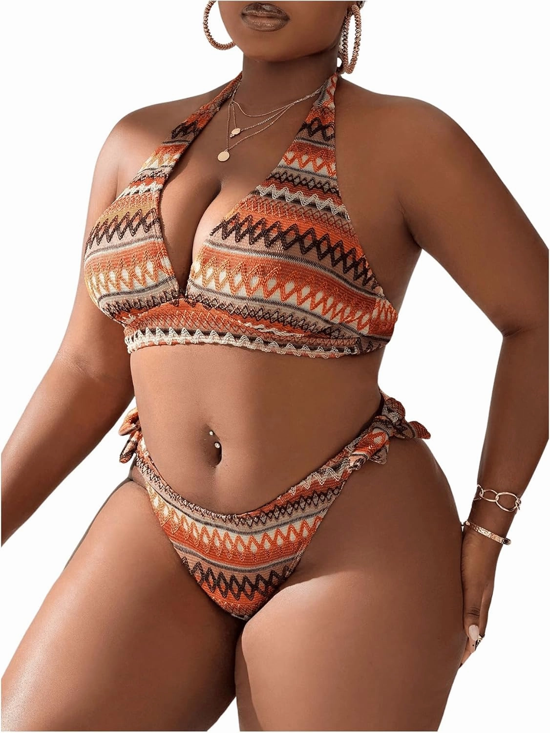 SOLY HUX Women's Plus Size Bikini Sets Halter Deep V Neck Piece 2 Bathing Suits Print Sexy Swimsuits