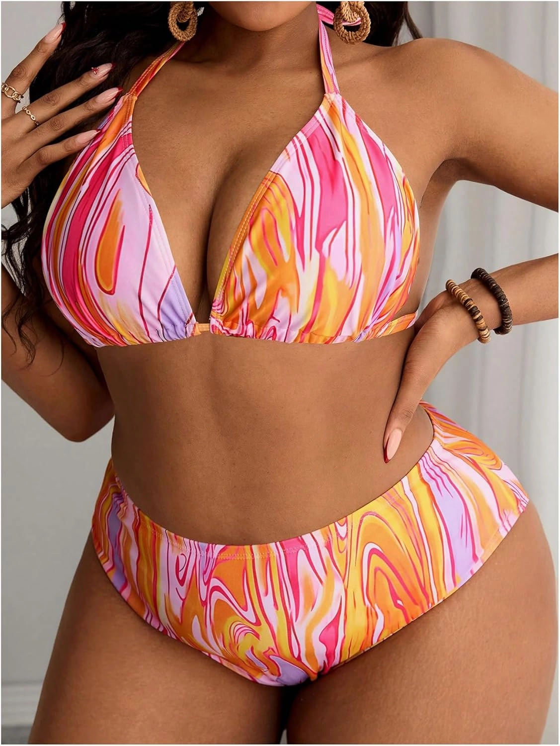 SOLY HUX Women's Plus Size Bikini Sets with Matching Skirt Hat 4 Piece Swimsuits Sexy Boho Halter Bathing Suits