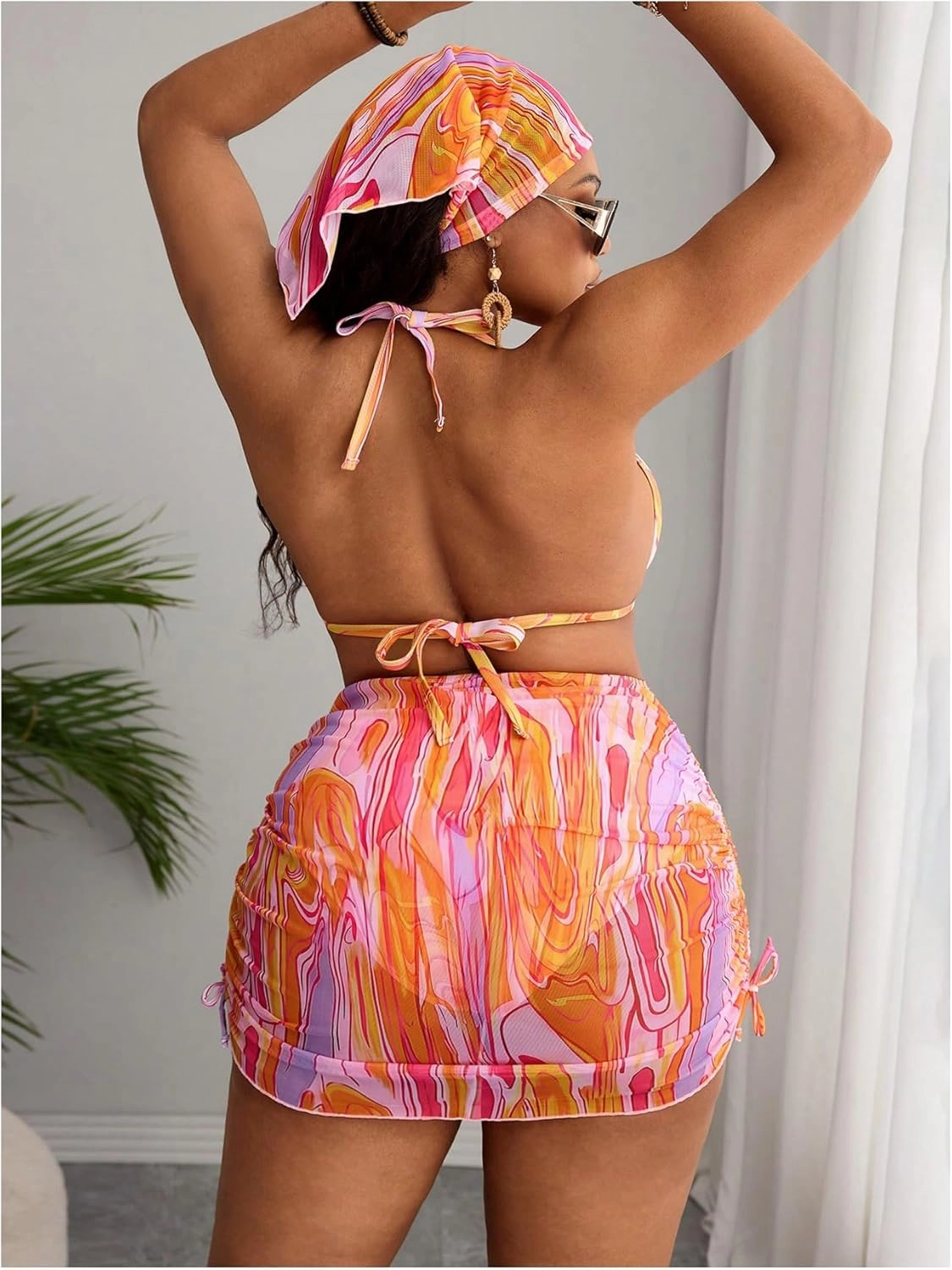 SOLY HUX Women's Plus Size Bikini Sets with Matching Skirt Hat 4 Piece Swimsuits Sexy Boho Halter Bathing Suits