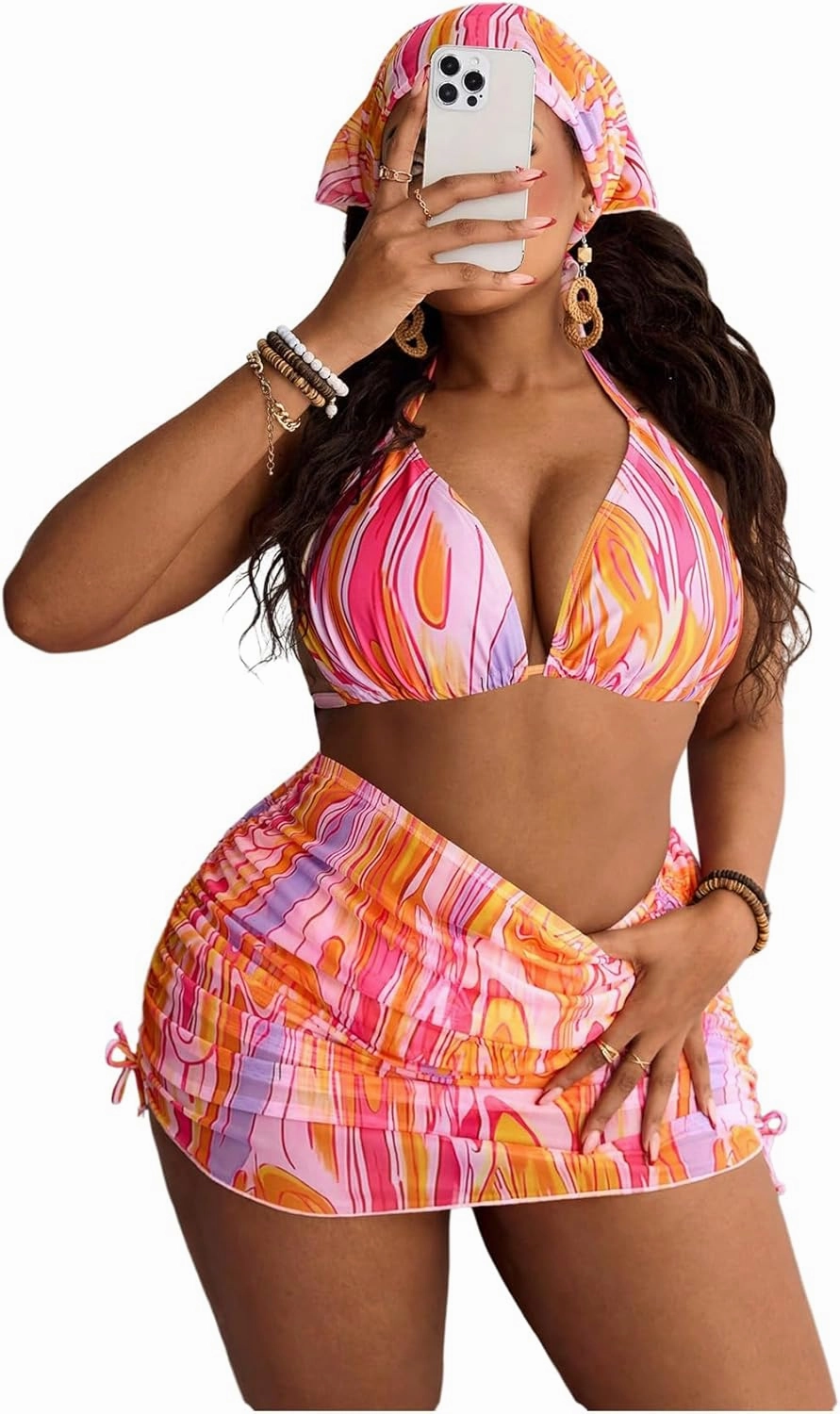 SOLY HUX Women's Plus Size Bikini Sets with Matching Skirt Hat 4 Piece Swimsuits Sexy Boho Halter Bathing Suits