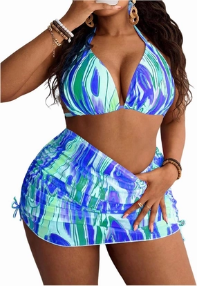 SOLY HUX Women's Plus Size Bikini Sets with Matching Skirt Hat 4 Piece Swimsuits Sexy Boho Halter Bathing Suits